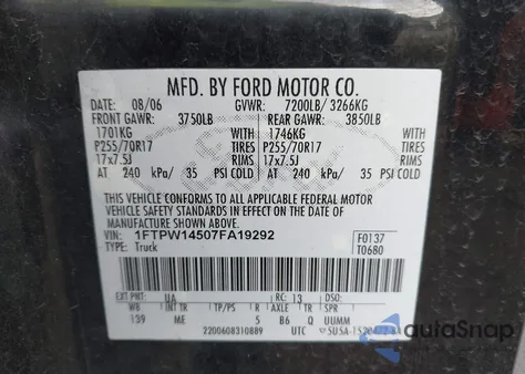 2007 Ford F-150 Fx4/Lariat/Xlt из США, поврежденный, VIN 1FTPW14507FA19292